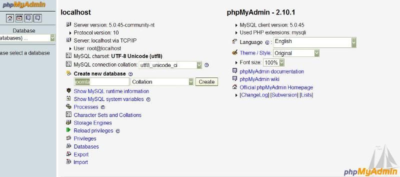 PHPMYADMIN Menu